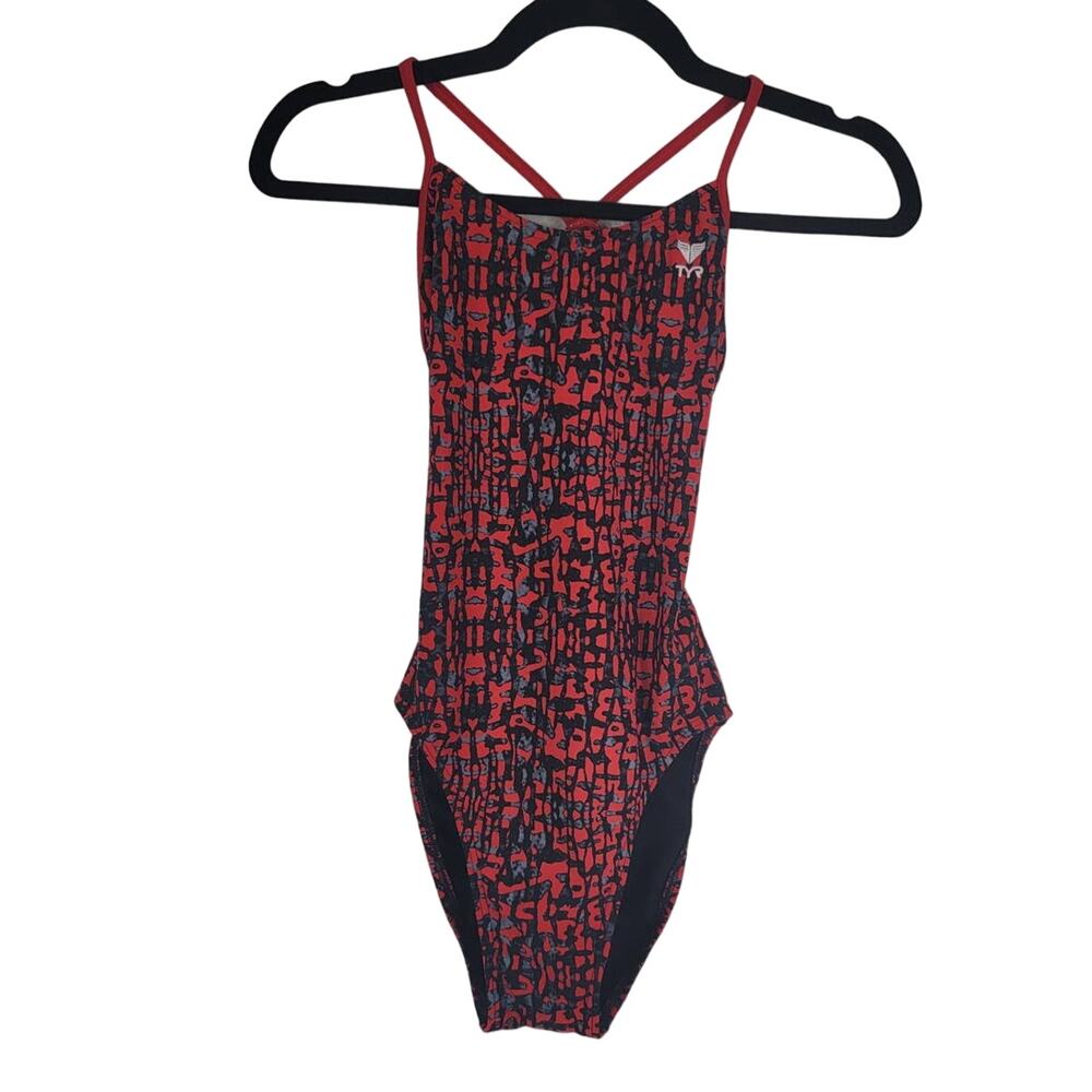 TYR One Piece Swim Summer Red Gray Black One Piece Bathing Suit 30 - XS